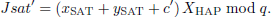 $$ \begin{aligned} Jsat^{\prime }=\left(x_{\rm SAT}+y_{\rm SAT}+c^{\prime }\right) X_{\rm HAP} mod \;q. \end{aligned} $$