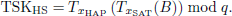 $$ \begin{aligned} \mathrm{TSK}_{\rm HS}=T_{x_{\rm HAP}}\left(T_{x_{\rm SAT}}(B)\right) mod \;q. \end{aligned} $$