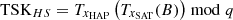 $ \mathrm{TSK}_{HS}=T_{x_{\mathrm{HAP}}}\left(T_{x_{\mathrm{SAT}}}(B)\right) \bmod q $