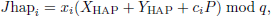 $$ J^{\prime h a p}{ }_i=x_i\left(X_{\mathrm{HAP}}+Y_{\mathrm{HAP}}+c_i P\right) \bmod q, $$