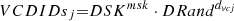 $ \mathrm{\thinspace }{VCDIDs}_{j}\mathrm{=}{DSK}^{msk}\cdot {DRand}^{d_{vcj}} $