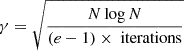 Mathematical equation: $ \gamma = \sqrt{\frac{N \log N}{(e - 1) \times \text{ iterations}}} $