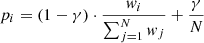 Mathematical equation: $ p_i = (1 - \gamma) \cdot \frac{w_i}{\sum_{j=1}^N w_j} + \frac{\gamma}{N} $