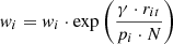 Mathematical equation: $ w_i = w_i \cdot \exp\left(\frac{\gamma \cdot r_{it}}{p_i \cdot N}\right) $