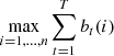 Mathematical equation: $ \max _{i=1,\dots ,n} \sum _{t=1}^T b_t(i) $