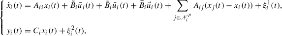 Mathematical equation: $$ \begin{aligned} \left\{ \begin{aligned} \dot{x}_{i}(t)&= A_{ii}x_{i}(t)+\tilde{B}_{i}\tilde{u}_{i}(t)+\bar{B}_{i}\bar{u}_{i}(t)+\vec{B}_{i}\vec{u}_{i}(t)+\sum _{j \in \fancyscript {N}_i^{p}}A_{ij}(x_{j}(t)-x_{i}(t))+\xi _{i}^{1}(t),\\ y_{i}(t)&= C_{i}x_{i}(t)+\xi _{i}^{2}(t), \end{aligned}\right. \end{aligned} $$