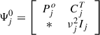 Mathematical equation: $$ \begin{aligned} \Psi _{j}^{0} = \left[ \begin{array}{cc} P_{j}^{o}&C_{j}^T\\ *&\nu _j^2I_{j} \end{array} \right] \end{aligned} $$