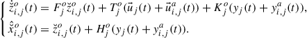 Mathematical equation: $$ \begin{aligned} \left\{ \begin{aligned} \dot{\breve{z}}_{i,j}^{o}(t)&= F_{j}^{o}\breve{z}_{i,j}^{o}(t)+T_{j}^{o}(\vec{u}_{j}(t)+\vec{u}_{i,j}^{a}(t))+K_{j}^{o}(y_j(t)+y_{i,j}^{a}(t)),\\ \hat{\breve{x}}_{i,j}^{o}(t)&= \breve{z}_{i,j}^{o}(t)+H_{j}^{o}(y_j(t)+y_{i,j}^{a}(t)). \end{aligned}\right. \end{aligned} $$
