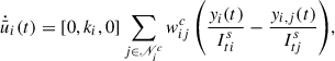 Mathematical equation: $$ \begin{aligned} \dot{\bar{u}}_{i}(t) = [0,k_i,0]\sum _{j \in \fancyscript {N}_i^{c}}{w_{ij}^c\left(\frac{y_{i}(t)}{I_{ti}^{s}}-\frac{y_{i,j}(t)}{I_{tj}^{s}}\right)}, \end{aligned} $$