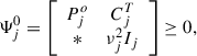 Mathematical equation: $$ \begin{aligned} \Psi _{j}^{0}&= \left[ \begin{array}{cc} P_{j}^{o}&C_{j}^T\\ *&\nu _j^2I_{j} \end{array} \right] \ge 0, \end{aligned} $$