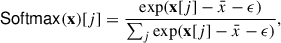Mathematical equation: $$ \begin{aligned} \mathsf{Softmax }(\mathbf{x })[j]=\frac{\exp (\mathbf{x }[j] - \bar{x} - \epsilon )}{\sum _j \exp (\mathbf{x }[j] - \bar{x} - \epsilon )}, \end{aligned} $$