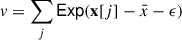 Mathematical equation: $ v=\sum_j {\mathsf{Exp}}({\mathbf{x}}[j] - \bar{x} - \epsilon) $