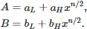 Mathematical equation: $$ \begin{aligned} \begin{aligned} A&=a_L+a_H x^{n/2}, \\ B&=b_L+b_H x^{n/2}. \end{aligned} \end{aligned} $$