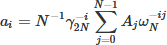 Mathematical equation: $ a_{i} = N^{-1}{\gamma}_{2N}^{-i}\sum_{j=0}^{N-1}{{A_j}{\omega}_{N}^{-ij}} $