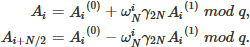 Mathematical equation: $$ \begin{aligned} \begin{aligned} {A_i}&= {A_i}^{(0)}+{\omega }_{N}^{i}\gamma _{2N}{A_i}^{(1)} \;mod \;q, \\ {A_{i+N/2}}&= {A_i}^{(0)}-{\omega }_{N}^{i}\gamma _{2N}{A_i}^{(1)} \;mod \;q. \end{aligned} \end{aligned} $$