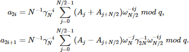 Mathematical equation: $$ \begin{aligned} \begin{aligned} {a_{2i}}&= {N^{-1}}\gamma _{N}^{-i}\sum _{j=0}^{N/2-1}({A_j}+{A_{j+N/2}}){\omega }_{N/2}^{-ij} \;mod \;q, \\ {a_{2i+1}}&= {N^{-1}}\gamma _{N}^{-i}\sum _{j=0}^{N/2-1}({A_j}-{A_{j+N/2}})\omega _N^{-j}\gamma _{2N}^{-1}{\omega }_{N/2}^{-ij} \;mod \;q. \end{aligned} \end{aligned} $$