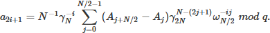 Mathematical equation: $$ \begin{aligned} {a_{2i+1}} = {N^{-1}}\gamma _{N}^{-i}\sum _{j=0}^{N/2-1}({A_{j+N/2}}-{A_j})\gamma _{2N}^{N-(2j+1)}{\omega }_{N/2}^{-ij} \;mod \;q. \end{aligned} $$