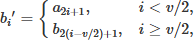 Mathematical equation: $$ \begin{aligned} {b_i}^{\prime }&= {\left\{ \begin{array}{ll} {a_{2i+1}},&i < v/2,\\ {b_{2(i-v/2)+1}},&i \ge v/2, \end{array}\right.} \end{aligned} $$